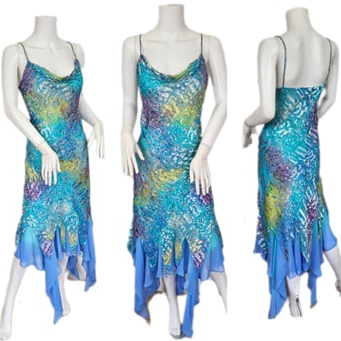 Hong Ni Y2K Blue Silk Fairycore Handkerchief Hem Slip Dress I Sz Lrg I Sz 14 