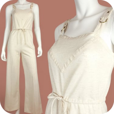 Textured poly 1970s overalls vintage jumpsuit in earthy cream & beige, adjustable straps, drawstring waist, cotton mesh, wide leg. (XS/S) 