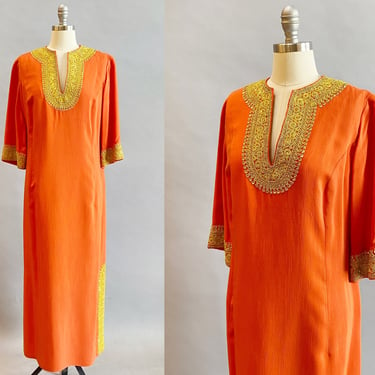 Vintage Kaftan / Gold Embroidered Kaftan / Hand Stitched Moroccan Kaftan / Orange Kaftan /  Size: Large 