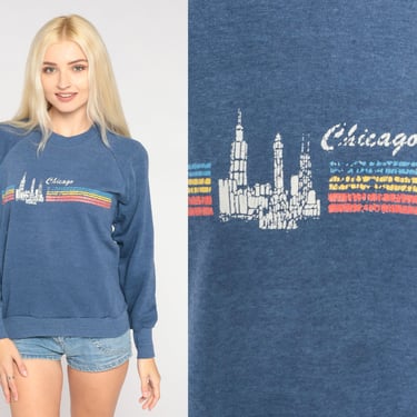 Chicago Sweatshirt 80s City Skyline Graphic Shirt Retro Illinois Tourist Travel Sweater Crewneck Blue Raglan Sleeve Vintage 1980s Medium M 