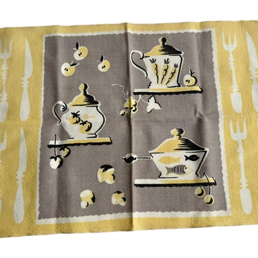 Vintage 50s Tea Pot Yellow + Grey Napkin or Tea Towel 