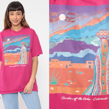 90s Colorado Shirt Garden of the Gods Tee Native American Graphic TShirt Glittery Rhinestone Shirt Retro Vintage 1990s Fuchsia Large 