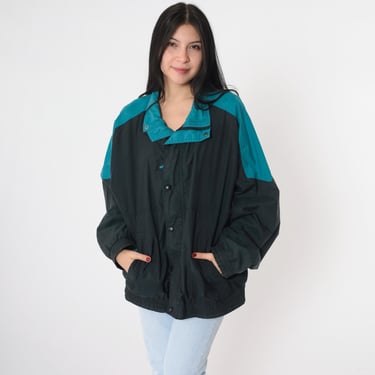 Vintage Black Windbreaker 90s Team Fis Zip Up Track Jacket Teal Striped Bomber Retro Shell Streetwear Nylon 1990s Extra Large xl 