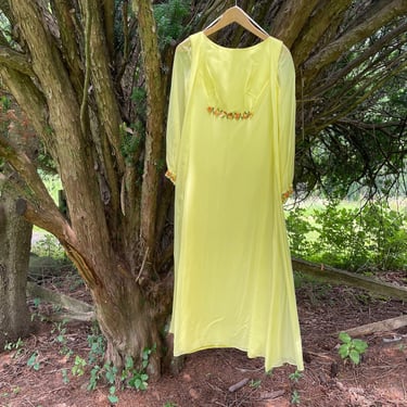 True vintage 1960’s lemon yellow silk chiffon gown | vintage maxi dress, ‘60s empire waist, romantic, prom, bridesmaid, XS/S 