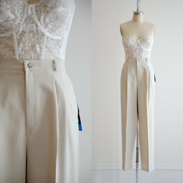 high waisted pants 90s vintage beige cream straight leg trousers 