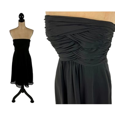 Y2K Black Strapless Dress XXS | Ruched Bodice Fit & Flare Midi Dress Size 00, Short Chiffon Dress, Black Cocktail Party, 2000s Clothes Women 