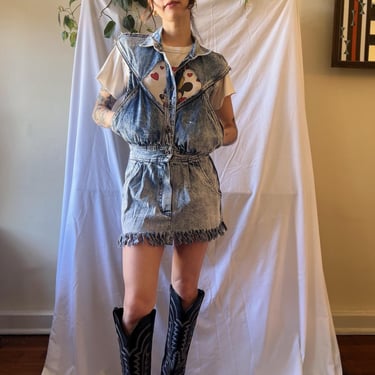 1980s Denim Dress / Hot Denim Mini Dress  with Fringe / Cut Out Azzedine Alaïa Dupe / Zip open to show your boobs lol / Stone Wash Denim 