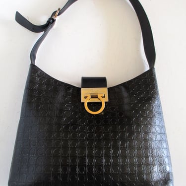 Vintage Salvatore Ferragamo Black Logo Embossed LeatherPurse, Gold Hardware, Shoulder Bag 