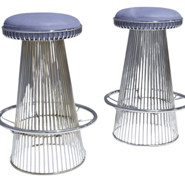 Pair of Sculptural Bar Stools in Nickeled Steel and Leather by Cy Mann Designs