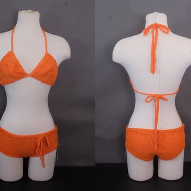 70s Orange Crochet Two Piece Swimsuit | Unworn with Tags | Boho Bikini | Hip Hugger Bottoms and Self-Tie Top | Size Small 