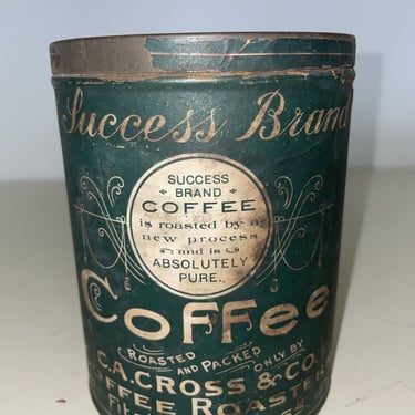 Vintage Success brand Coffee Tin, Paper Label C.A. Cross Co Fitchburg Massachusetts, vintage advertisement tin, collectible tins, coffee can 