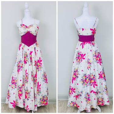 1940s Vintage Bouquet Print Acetate / Taffeta Maxi Dress / 40s Floral Gard Fit and Flared Magenta Gown / Size XS 