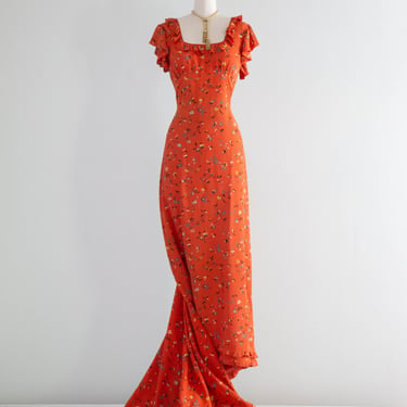 Stunning Late 1930's Silky Rayon Floral Hawaiian Style Gown With Train / SM