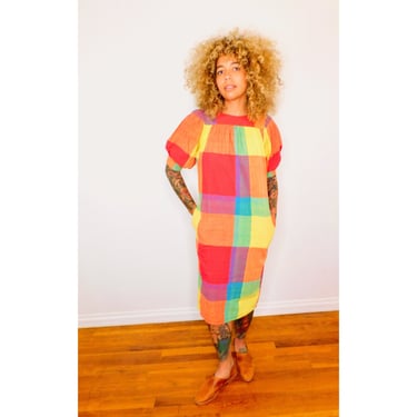 Color Block Dress // vintage sun rainbow 70s boho hippie cotton hippy midi // S Small 