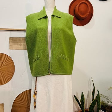 Vintage 90s Lime Green Boiled Wool Zip Up Oversized Vest XL 