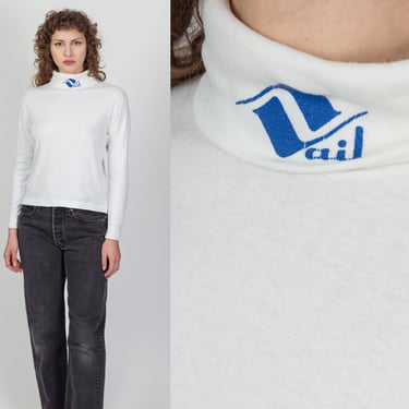 80s Vail Ski Resort Turtleneck Top - Petite Medium | Vintage Plain White Long Sleeve Graphic Shirt 