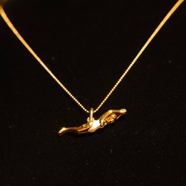 Antique Enameled 10K Gold Female Swimmer Charm On Fine 14K Yellow Gold Ball Chain, Petite Yellow Gold Diving Figure Charm, Cute, 18 1/4&quot; L 