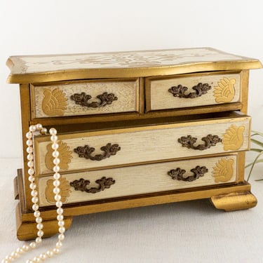 Florentine Style Wood Jewelry Chest with Drawers, Music Jewelry Box "Somewhere My Love", White and Gold Wooden Jewelry Organizer 