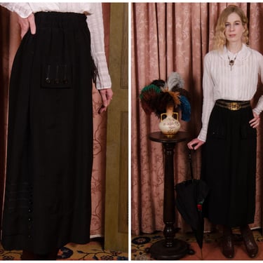 Authentic Edwardian Skirt - Handsome 1910s Walking Skirt in Black with Decorative Button Accents 