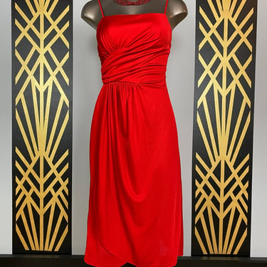 1970s cocktail dress, sexy, vintage 70s dress, disco style, bright red polyester, wrap style, spaghetti straps, size x small, draped, slinky 
