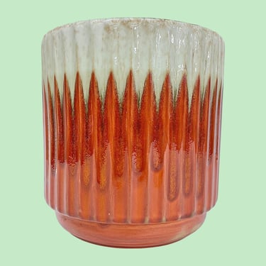 Vintage Relco Planter Retro 1960s Mid Century Modern + Ceramic + Ridged Design + Orangish-Red w/Beige +  Drip Glaze + Indoor Plant Display 