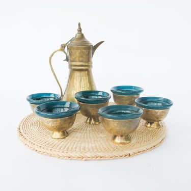 NEW - Set of 6 brass mini cups with blue glass inserts and 1 brass tea pot 