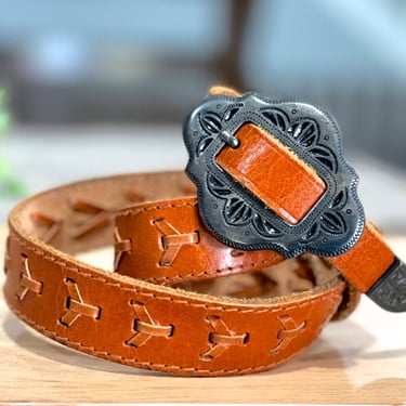 VINTAGE: 1980's - Brown Leather Belt - Braided Belt - Accessory - Vintage Belt - SKU 00035509 