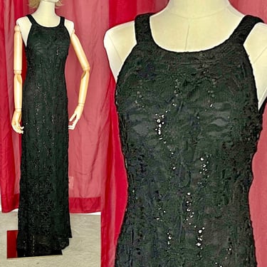 Black Lace Maxi, Sequins Throughout, Deep Scoop, Sheer Illusion, Snug Fit, Vintage 90s 00s 
