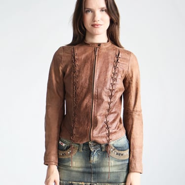 Vintage Plein Sud by Faycal Amor 2002 Brown Distressed Lace up Leather Bomber Jacket with Balloon Sleeves Corset Moto sz FR 38 US 6 