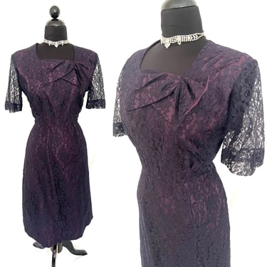 VOLUP Vintage 1950's Navy Blue Purple Lace Cocktail Party Wiggle Dress - size Extra Large XL 2X 