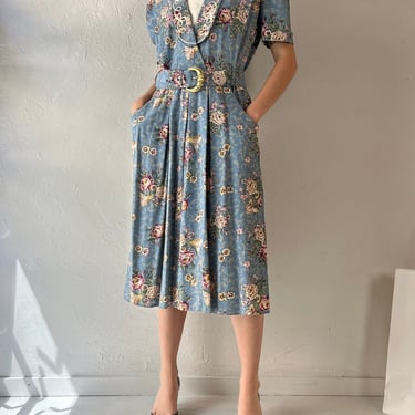 80s 'SL Petites' Blue Floral Print Collared Dress / Medium 