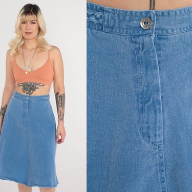 70s Denim Skirt Braided Trim Western Jean Skirt 1970s High Waisted A Line Hippie Skirt Flared Midi Retro Vintage Blue Small 27 