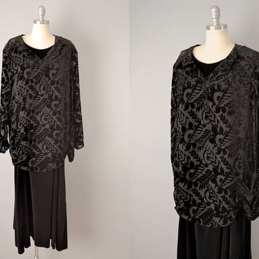 1920s Dress // Black Silk Velvet Burnout Dress // XL 