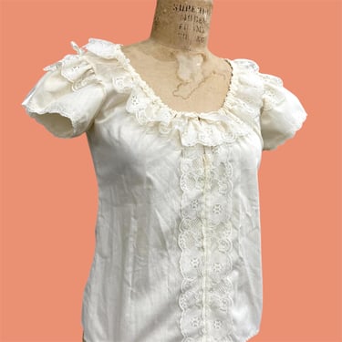 Vintage Blouse Retro 1970s Fashions by Bettye + Size 10 + Cream + Lace + Adjustable Shoulder + Top + Victorian + Boho + Womens Apparel 