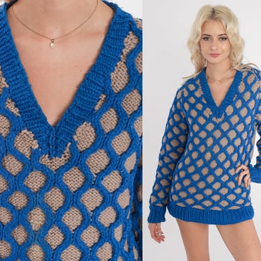 70s Sweater Honeycomb Textured Taupe Blue V Neck Sweater Knit Retro Sweater 1970s Bohemian Hippie Pullover Vintage Boho Jumper Medium 