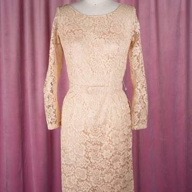 Vintage 1960s M Silverman Ivory Beige Belted Lace Dress with Original Tags 
