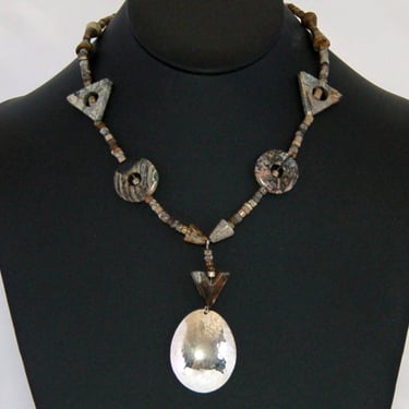 60's zebra jasper 925 sterling silver brass copper Y pendant, edgy mixed metal & stone geometric necklace 