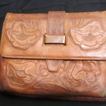 Vintage Mexican Hand Tooled Leather Handbag Floral Design 