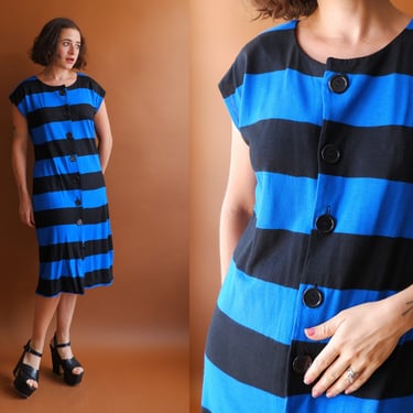 Vintage 80s Blue and Black Horizontal Stripe Jersey Dress/ 1980s Drop Shoulder Wide Stripe Shift/ Size Medium 