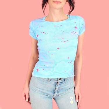 Dreamy Clouds and Stars Airbrushed Vintage 70's French Cut T Shirt PoP ArT Handmade Art 1970s Baby Ribbed Top Tee T-shirt Made in LA 