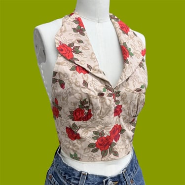 Vintage Halter Top Retro 1970s Womens + Handmade + No Size Tag + Tan + Roses + Floral Print + Built in Bra + Tie Back + Cropped + Bohemian 