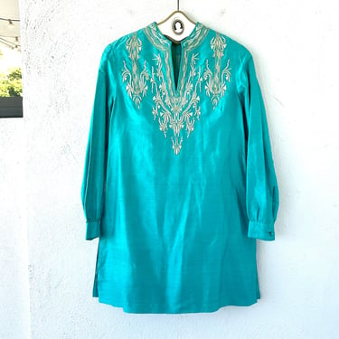 Vintage 60s 70s Indian Dress Tunic // 1960s 1970s Embroidered Silk Metallic Blue Caftan Shirtdress Long Shirt 