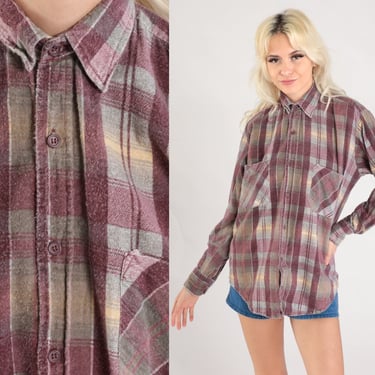 Burgundy Flannel Shirt 90s Grunge Plaid Button Up Red Taupe 1990s Lumberjack Vintage Long Sleeve Open Trail Men's Small S 