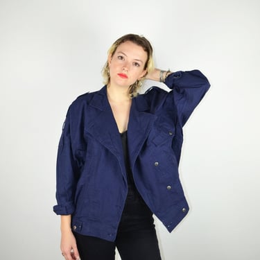 Vintage 90s Navy Blue Linen Jacket / Details! / Vintage Oversized Jean Jacket / 1990s Y2K Jacket / 90s Vintage Denim Large Medium Small 