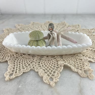 Vintage Oval Milk Glass Relish Dish, collectible pressed glass, ripple edge, serving dish for snacks, nibbles, fruit, trinket tray, gift 
