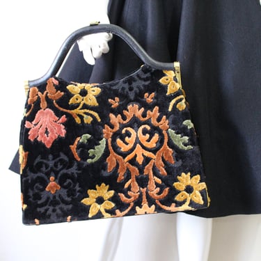 Vintage 1950s 60s Carpet Chenille Tapestry Floral Handbag carpet bag LARGE Kelly 