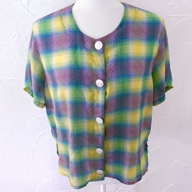 80s Sheer Chiffon Plaid Blouse with Buttons | Large/Extra Large 