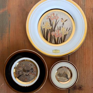 vintage Chokin Japan bird plates - 18k gold black copper - elegant trio Asian decor 