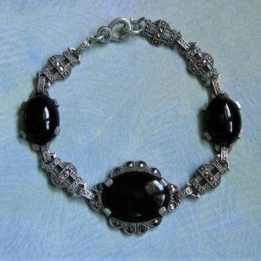 Antique Art Deco Sterling Marcasite and Onyx Bracelet, Vintage Sterling Art Deco Bracelet, Old Sterling Marcasite Bracelet (#3943) 