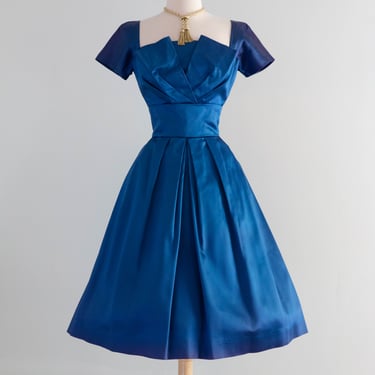 Gorgeous 1950's Sapphire Blue Satin Party Dress / Small